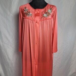 Vintage Lorraine Nylon Embroidered Robe Coral Size M Feminine Cottagecore